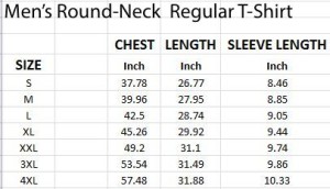 Mens Round Neck Regular T shirt Size Chart