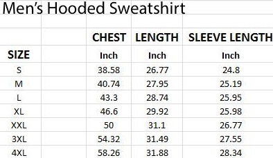 Size Chart Mens Hoodies