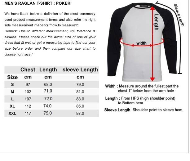 Raglan Shirt Size Chart