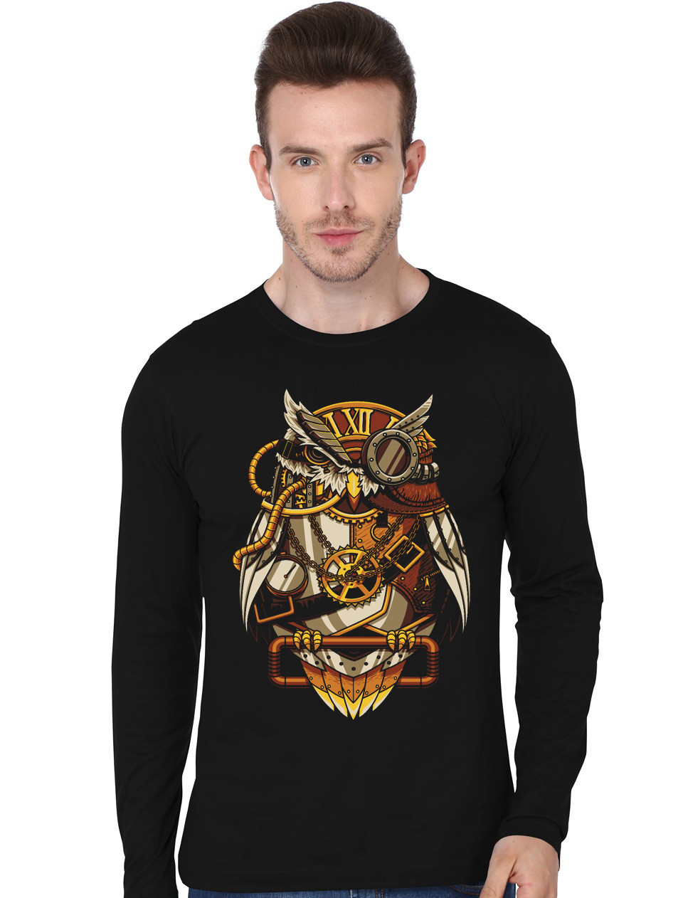 SteamPunk Owl Black Full Sleeve T-Shirt