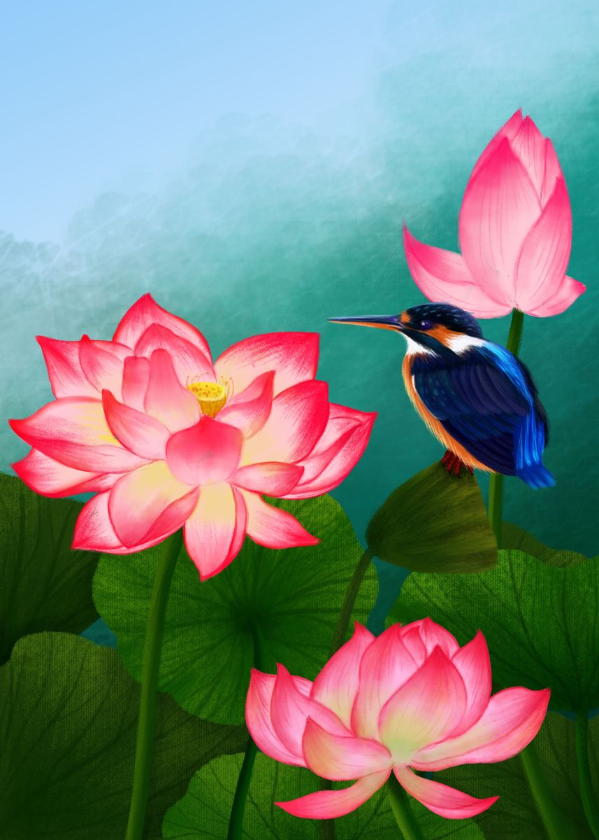 Lotus Flowers With Bird Poster - Image 3