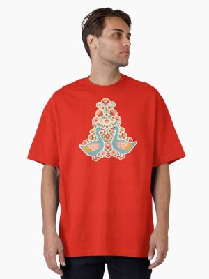 Flower Patterned Blue Geese in Decorative Motifs – Scandinavian Folk Art by heidiannemorris © Oversized T-Shirt