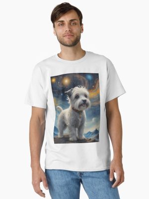 Dog on a mountain with starry galaxy Classic T-Shirt