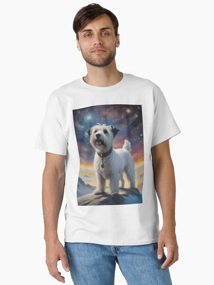 Dog on a mountain with starry galaxy Classic T-Shirt