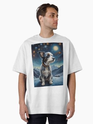 Dog on a mountain with starry galaxy Oversized T-Shirt
