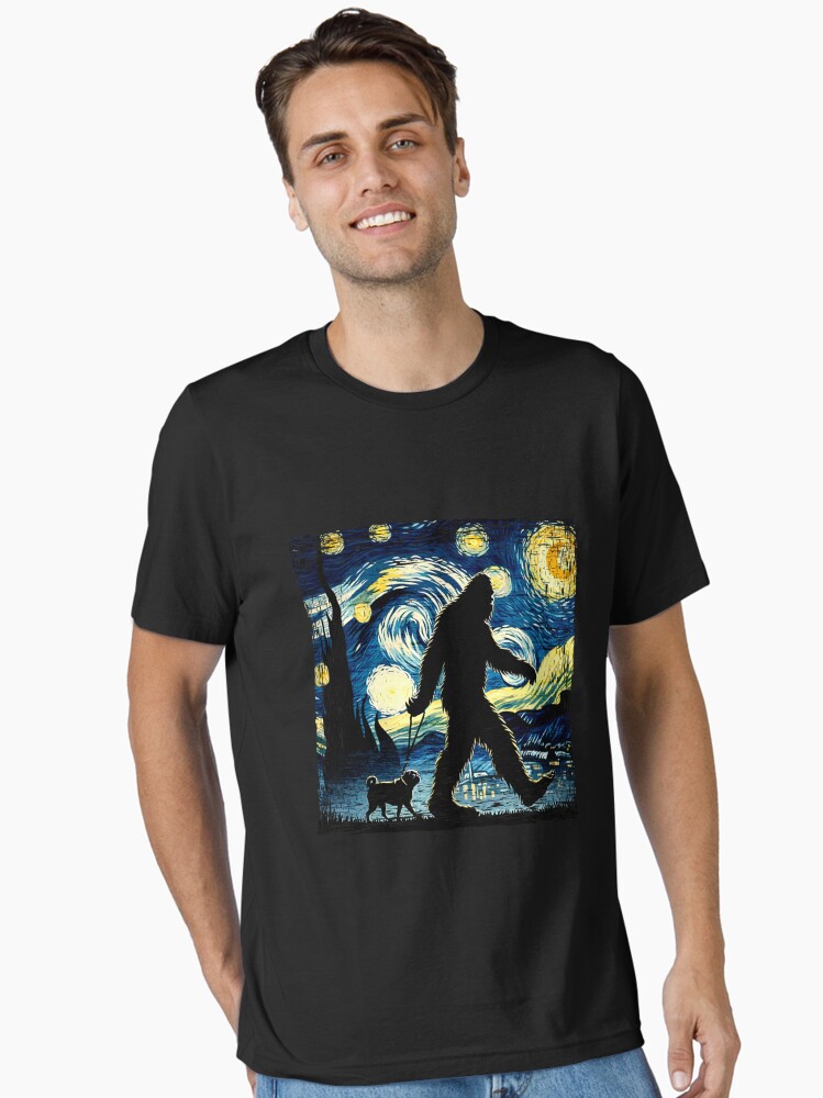 Bigfoot Walking Pug Starry Night Sasquatch Sky Painting Essential T-Shirt