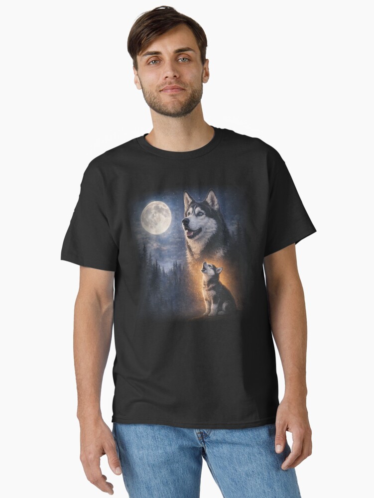Husky Dog And Puppy Howling At Full Moon Night Forest Starry Sky Illustration Classic T-Shirt