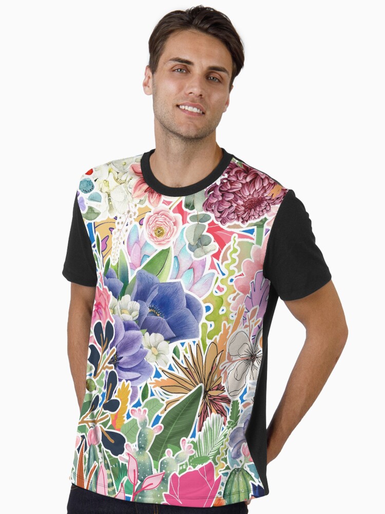 Colorful Flower Sticker Collage Graphic T-Shirt