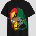 Split Mask Armored Hero vs Villain Graphic T-Shirt