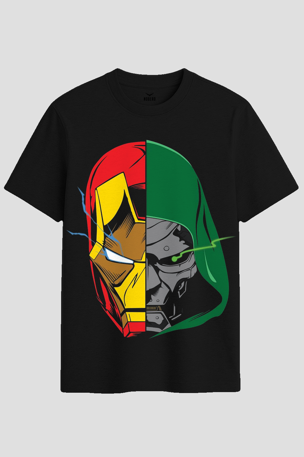 Split Mask Armored Hero vs Villain Graphic T-Shirt