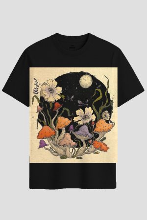 Mystical Moonlit Botanical Mushrooms Graphic T-Shirt
