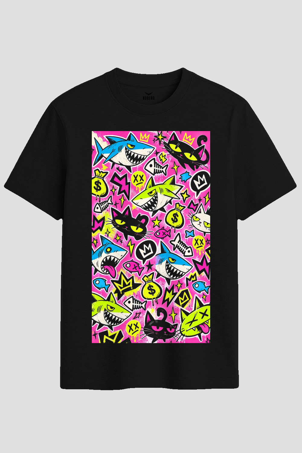 Rebel Shark & Street Cat Graffiti Graphic T-Shirt